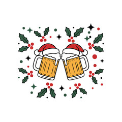 Christmas Beer Toast with Holly and Santa Hats, Holiday Beer Mugs Clinking Illustration, Festive Beer Celebration Graphic, Funny Christmas Drinking T-Shirt Design, T-Shirts, T-Shirt.