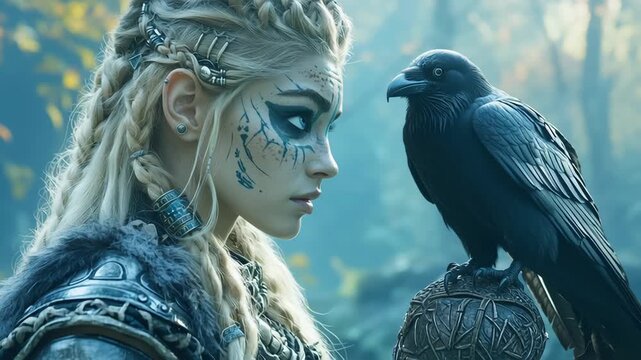 Valkyrie and Raven's Bond: A stunning valkyrie, her face adorned with intricate markings, gazes intently at a sleek black raven perched gracefully nearby, the scene set amidst a misty.