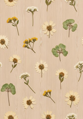 Delicate pressed flowers artfully arranged on a warm wood background creating a serene and natural aesthetic for decor and design projects