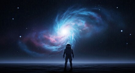 An astronaut stands on a desolate planet, gazing up at a swirling galaxy in the night sky, a cosmic dance of light and color, a symbol of exploration and wonder