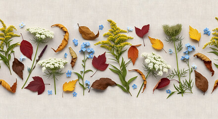 Vibrant autumn botanicals and fallen leaves artfully arranged, capturing the essence of seasonal change and natural beauty