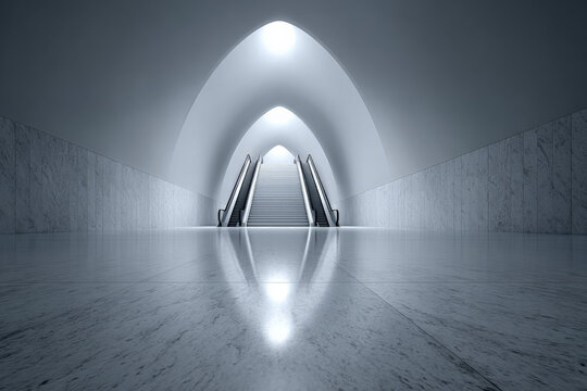 Futuristic underground tunnel with escalators and arched ceiling