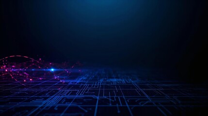 Dark blue background with neon circuit lines, glowing grid patterns, and futuristic digital effects — great for IT or innovation-related content