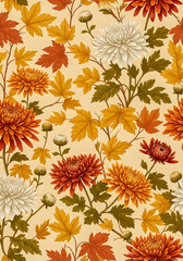 Vibrant autumn chrysanthemums and maple leaves create a stunning, warm floral pattern perfect for seasonal decor and design projects