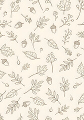 Charming hand drawn autumn leaves and acorns create a warm, natural pattern perfect for seasonal designs and cozy projects.