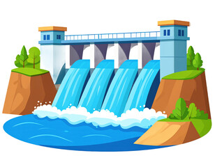 Cartoon Illustration of a Hydroelectric Dam with Flowing Water and Lush Greenery