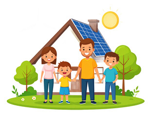 Family Smiling in Front of Solar Panel House with Wind Turbine and Sunshine on Transparent Background