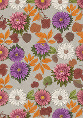Vibrant autumn floral seamless pattern with pink, purple, and white asters and falling leaves, perfect for textile design and seasonal decor.