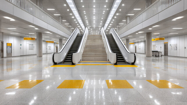 Spacious modern subway station interior with clean design and dual escalators