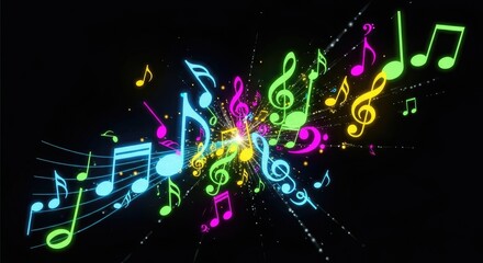 A vibrant explosion of colorful musical notes dances across a dark canvas, creating a dynamic and energetic composition that celebrates the joy and rhythm of music