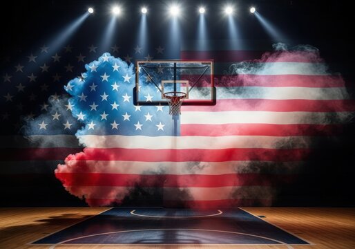 Basketball Court with American Flag Smoke and Spotlight Background