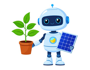 Cartoon Robot Holding Plant and Solar Panel on Transparent Background with Smiling Face