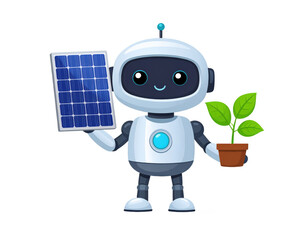 Cartoon Robot Holding Solar Panel And Potted Plant On Transparent Background