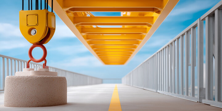 Industrial crane lifting heavy concrete block on sunny day