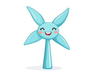 Cartoon Illustration Of Smiling Wind Turbine With Blue Blades And Transparent Background