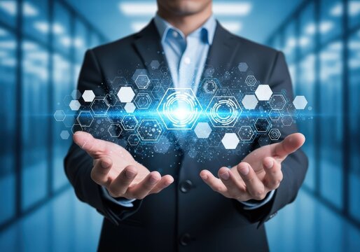 Businessman Presenting Holographic Technology Data in Server Room - Powered by Adobe