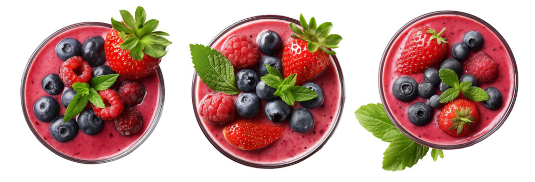 Glass bowl filled with mixed berry smoothie topped with blueberries, raspberries, strawberry, and mint leaves on white