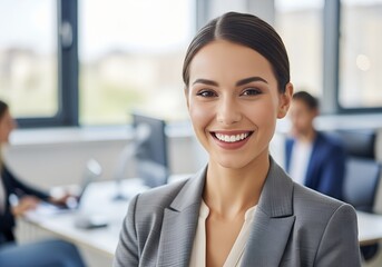 Young happy pretty smiling professional business woman, happy confident positive female entrepreneur in the office