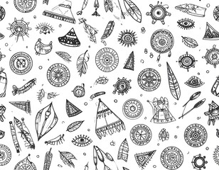 A monochrome free-flowing doodle pattern featuring various tribal shapes