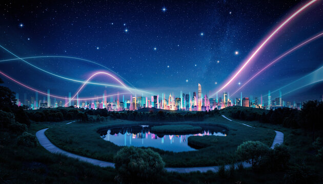 Futuristic cityscape with glowing data streams - Powered by Adobe