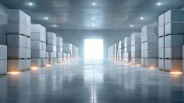 Modern warehouse interior with stacked wooden crates and bright lighting