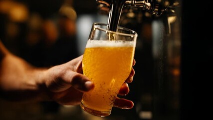 Close‑up of beer at the tap with bokeh bar lights—rich amber color, fresh foam and irresistible refreshment built for nightlife promos, brewery branding and social celebration edits.