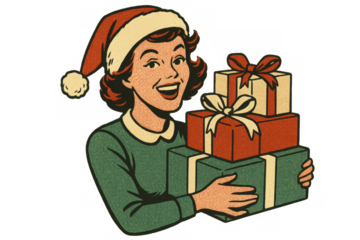 Woman wearing santa hat holding christmas gifts, expressing happiness and joy in retro holiday celebration