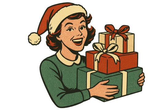 Woman wearing santa hat holding christmas gifts, expressing happiness and joy in retro holiday celebration - Powered by Adobe