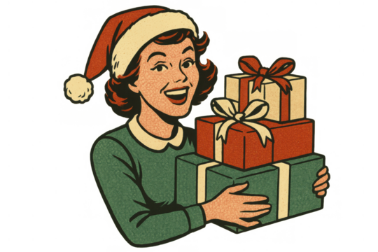 Woman wearing santa hat holding christmas gifts, expressing happiness and joy in retro holiday celebration