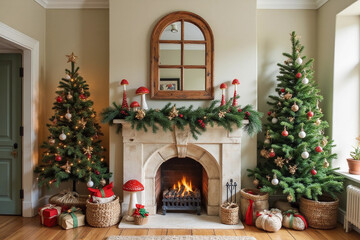 Interior design room with Christmas decorations for fireplace with a arched window frame mirror, fir branches and garlands with toys amanita mushrooms. Xmas tree and festive decor on fireplace.