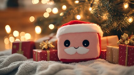 A photographic image of a cube-shaped Santa plush with round black button eyes and fluffy white beard,