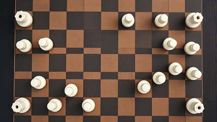 logic. A chessboard with white pieces forming an unconventional path, minimalist overhead view. tutorial guides, club newsletters, designed for sports & leisure club marketing.