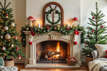Interior design room with Christmas decorations for fireplace with a arched window frame mirror, fir branches and garlands with toys amanita mushrooms. Xmas tree and festive decor on fireplace.