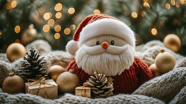 A photographic image of a cube-shaped Santa plush with fluffy beard and soft fabric texture, resting beneath a Christmas tree adorned with golden ornaments, rustic pinecones, and warm fairy lights. - Powered by Adobe