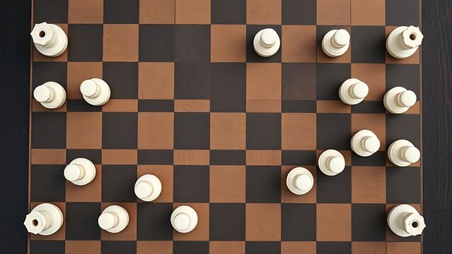logic. A chessboard with white pieces forming an unconventional path, minimalist overhead view. tutorial guides, club newsletters, designed for sports & leisure club marketing.