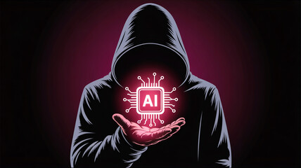 hand holding a red ribbon of AI