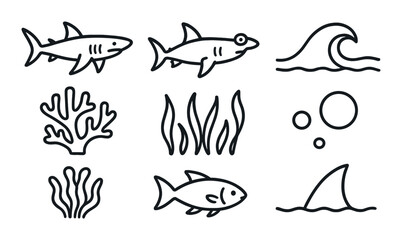 Set of marine icons featuring fish, shark, coral, waves, bubbles, and seaweed