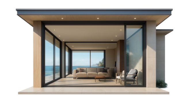 A seaside home with a retractable glass wall for easy indoor-outdoor flow.