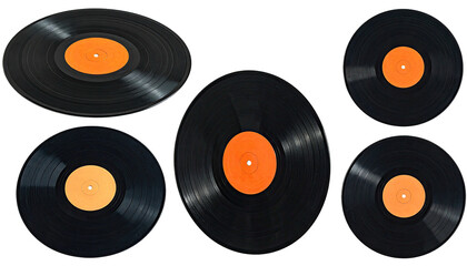 Six vinyl records with orange labels on a black background