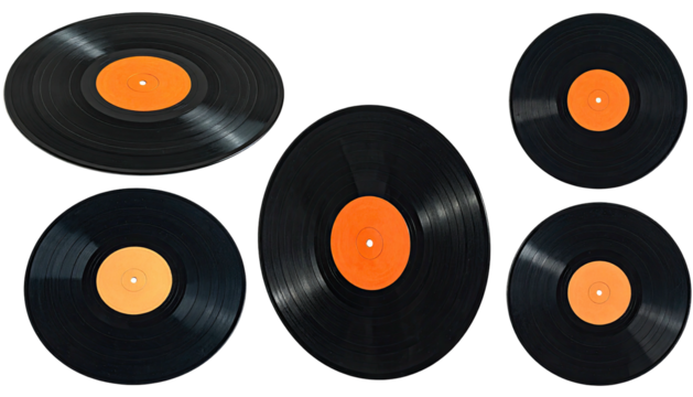Six vinyl records with orange labels on a black background