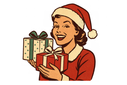 Retro holiday woman smiling and holding christmas gifts, celebrating festive season, transparent background - Powered by Adobe