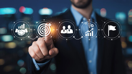 businessman hand pressing social network icon