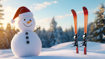 Obraz premium A cute snowman in a snowy meadow next to skis against the backdrop of a snowy forest and sunny sky