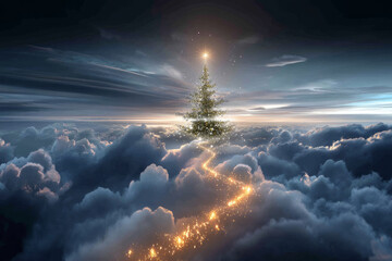 A whimsical Christmas tree floating in the sky with a glowing trail of light, surrounded by clouds. A chic, creative, and beautiful Christmas or New Year tree for the interior of a stylish home 