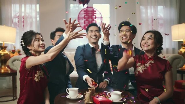 group of people in traditional Chinese clothing are gathered around a table with tea and a small red figurine. Concept of celebrating Chinese New Year with family and good fortune.