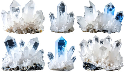 Six clusters of clear, blue-tinged, and white crystals