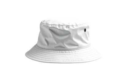 Simple white bucket hat, downward angle, isolated on black