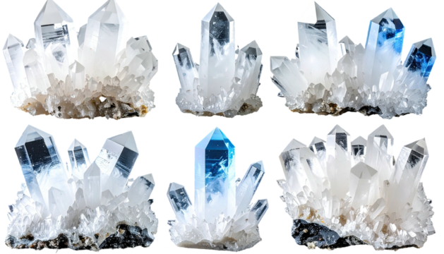 Six clusters of clear, blue-tinged, and white crystals
