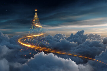 A whimsical Christmas tree floating in the sky with a glowing trail of light, surrounded by clouds. A chic, creative, and beautiful Christmas or New Year tree for the interior of a stylish home 