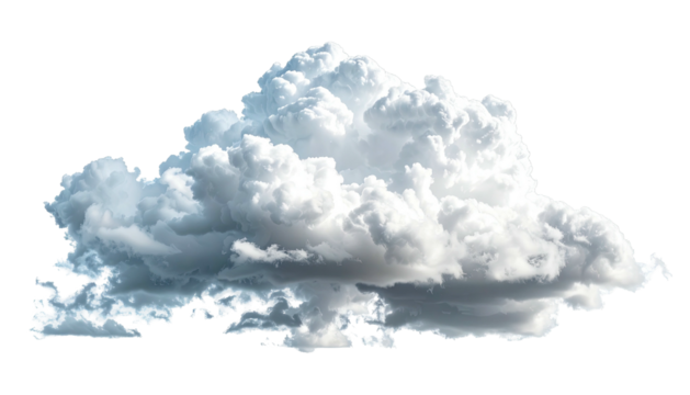 Isolated fluffy cloud, illuminated, against transparent background
